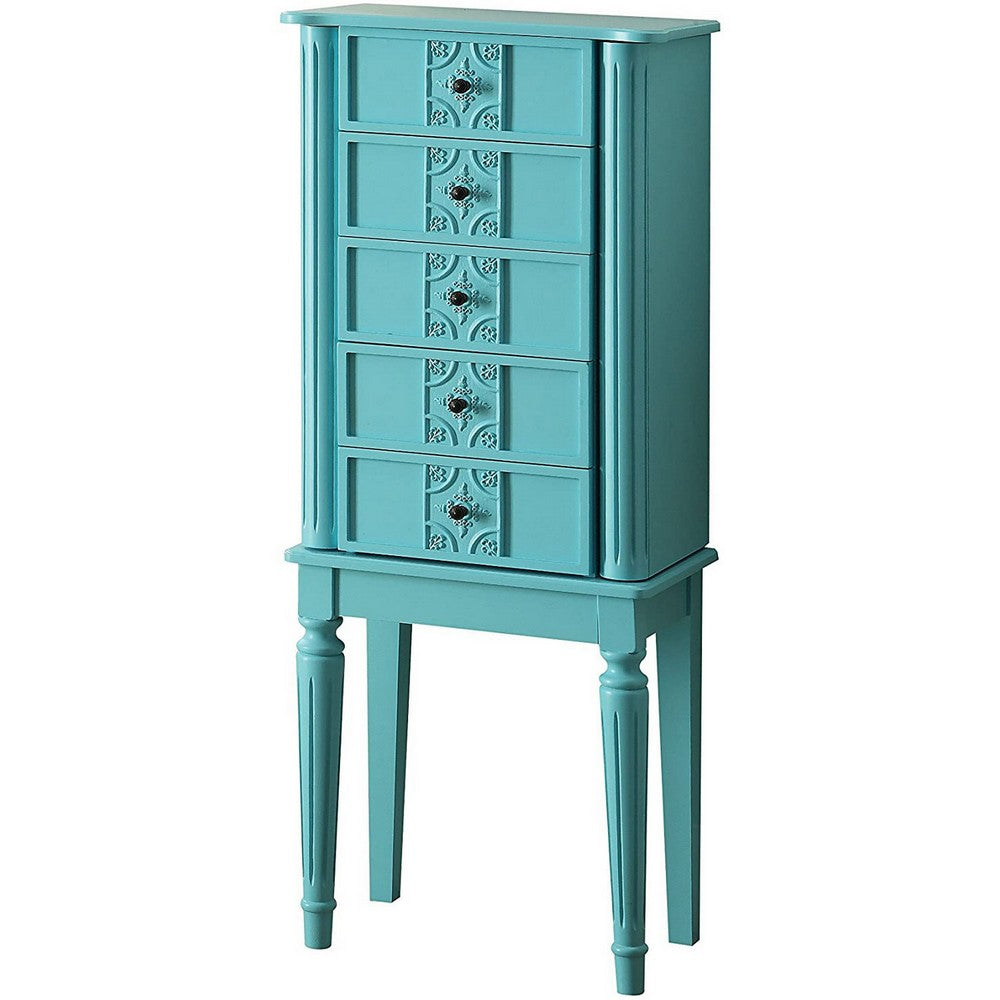 5 Drawer Jewelry Armoire with Flip Top Mirror and Fluted Legs, Blue - BM177735