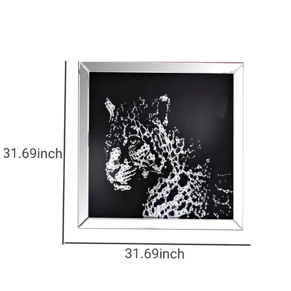 32'' Leopard Design Wall Decor with Faux Crystal Inlay, Silver - BM184757