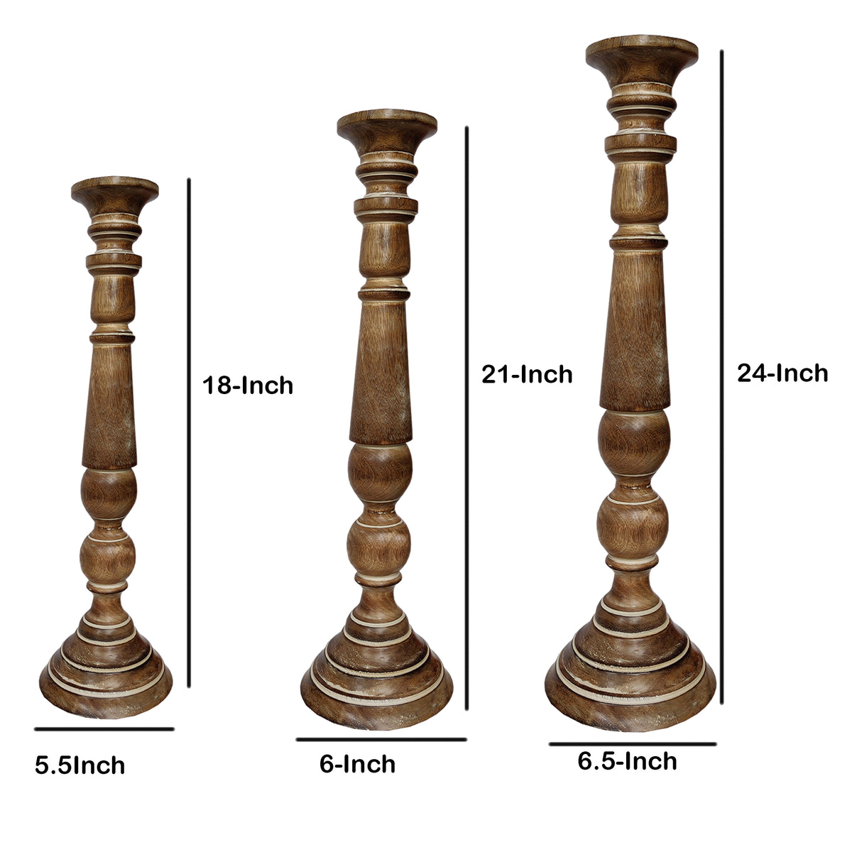 Handmade Wooden Candle Holder with Flared Top, Natural Brown, Set of 3 - BM00081