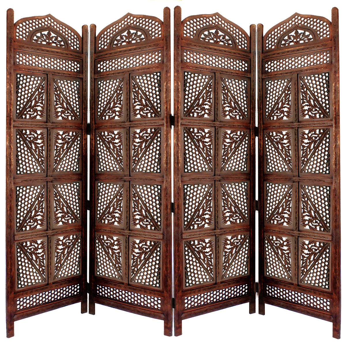 Traditional Four Panel Wooden Room Divider with Hand Carved Details, Antique Brown - BM01866
