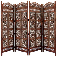 Traditional Four Panel Wooden Room Divider with Hand Carved Details, Antique Brown - BM01866