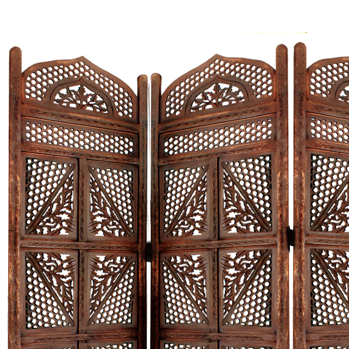 Traditional Four Panel Wooden Room Divider with Hand Carved Details, Antique Brown - BM01866