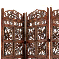 Traditional Four Panel Wooden Room Divider with Hand Carved Details, Antique Brown - BM01866