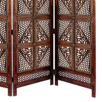 Traditional Four Panel Wooden Room Divider with Hand Carved Details, Antique Brown - BM01866