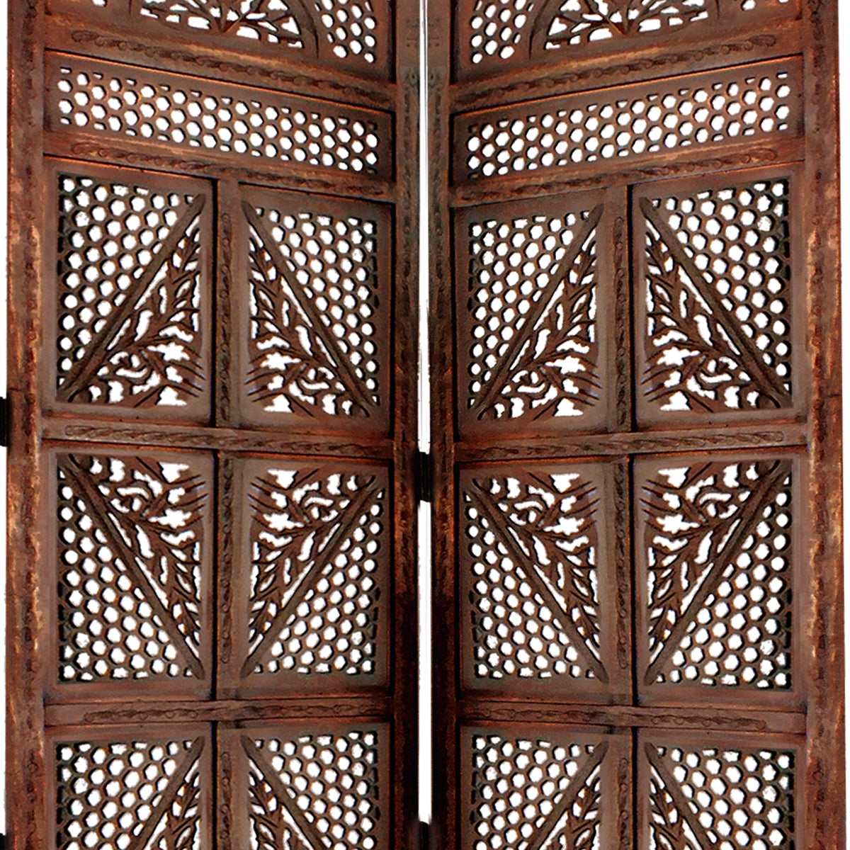 Traditional Four Panel Wooden Room Divider with Hand Carved Details, Antique Brown - BM01866