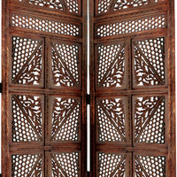 Traditional Four Panel Wooden Room Divider with Hand Carved Details, Antique Brown - BM01866