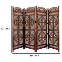 Traditional Four Panel Wooden Room Divider with Hand Carved Details, Antique Brown - BM01866