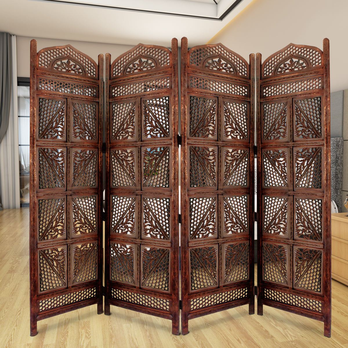 Traditional Four Panel Wooden Room Divider with Hand Carved Details, Antique Brown - BM01866