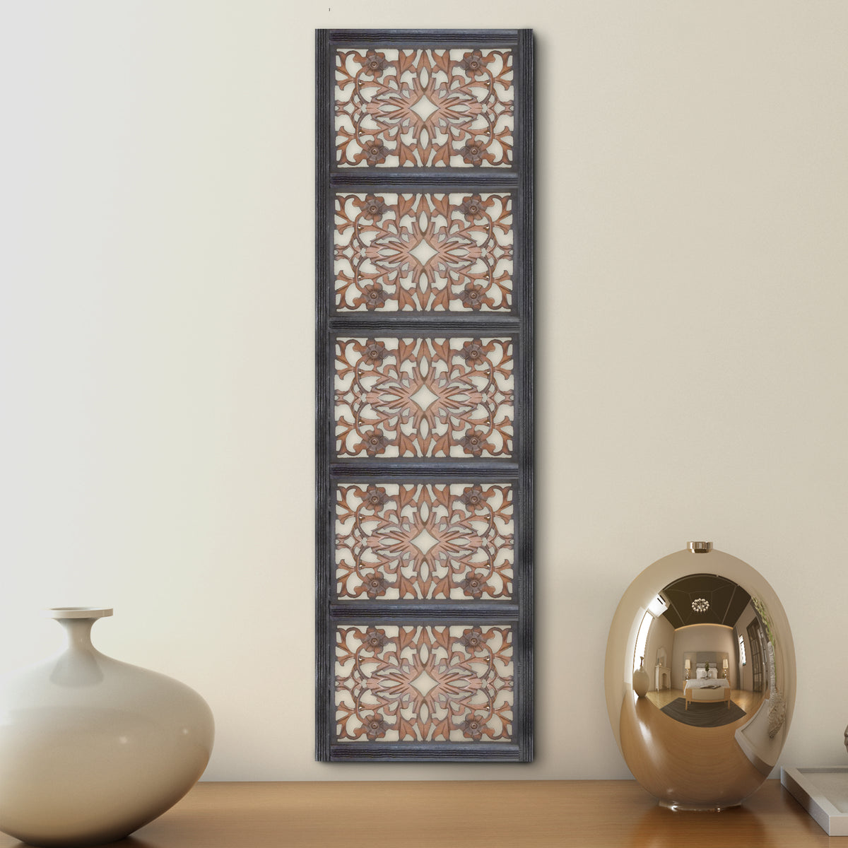 Rectangular Wall Panel with Intricate Floral Carvings, Burnt Black - BM01869