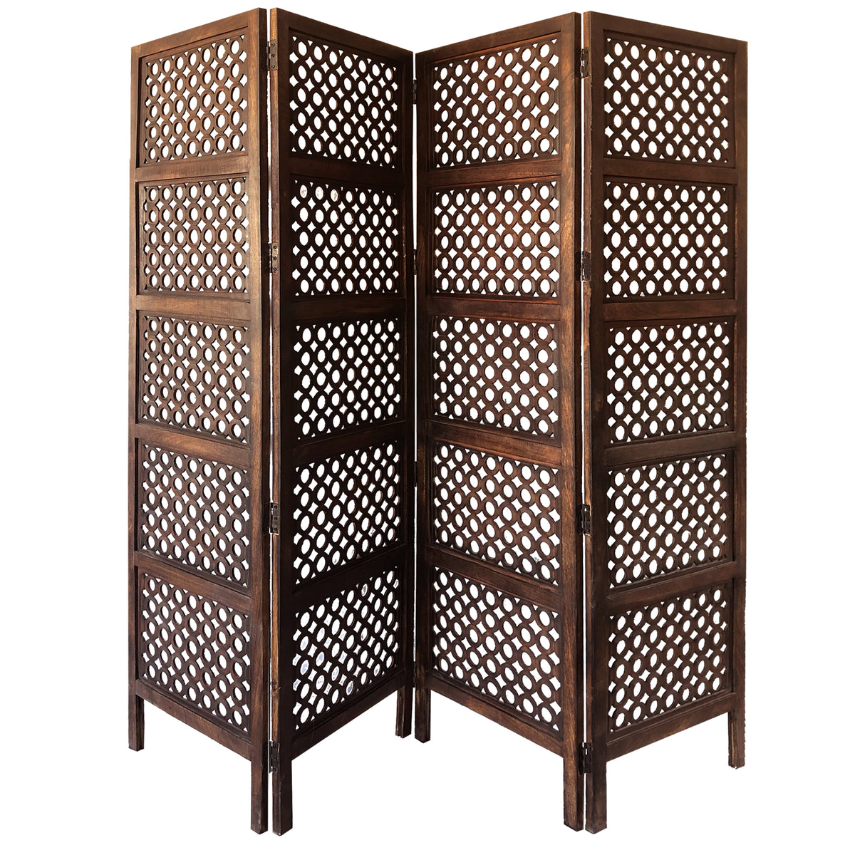 Decorative Four Panel Mango Wood Hinged Room Divider with Circular Cutout Design, Brown - BM01876