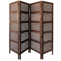 Decorative Four Panel Mango Wood Hinged Room Divider with Circular Cutout Design, Brown - BM01876