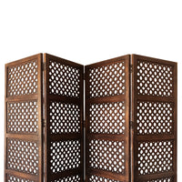 Decorative Four Panel Mango Wood Hinged Room Divider with Circular Cutout Design, Brown - BM01876