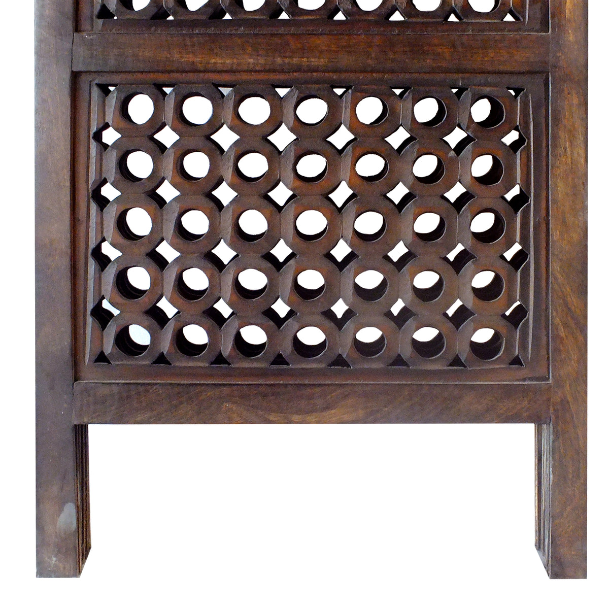 Decorative Four Panel Mango Wood Hinged Room Divider with Circular Cutout Design, Brown - BM01876