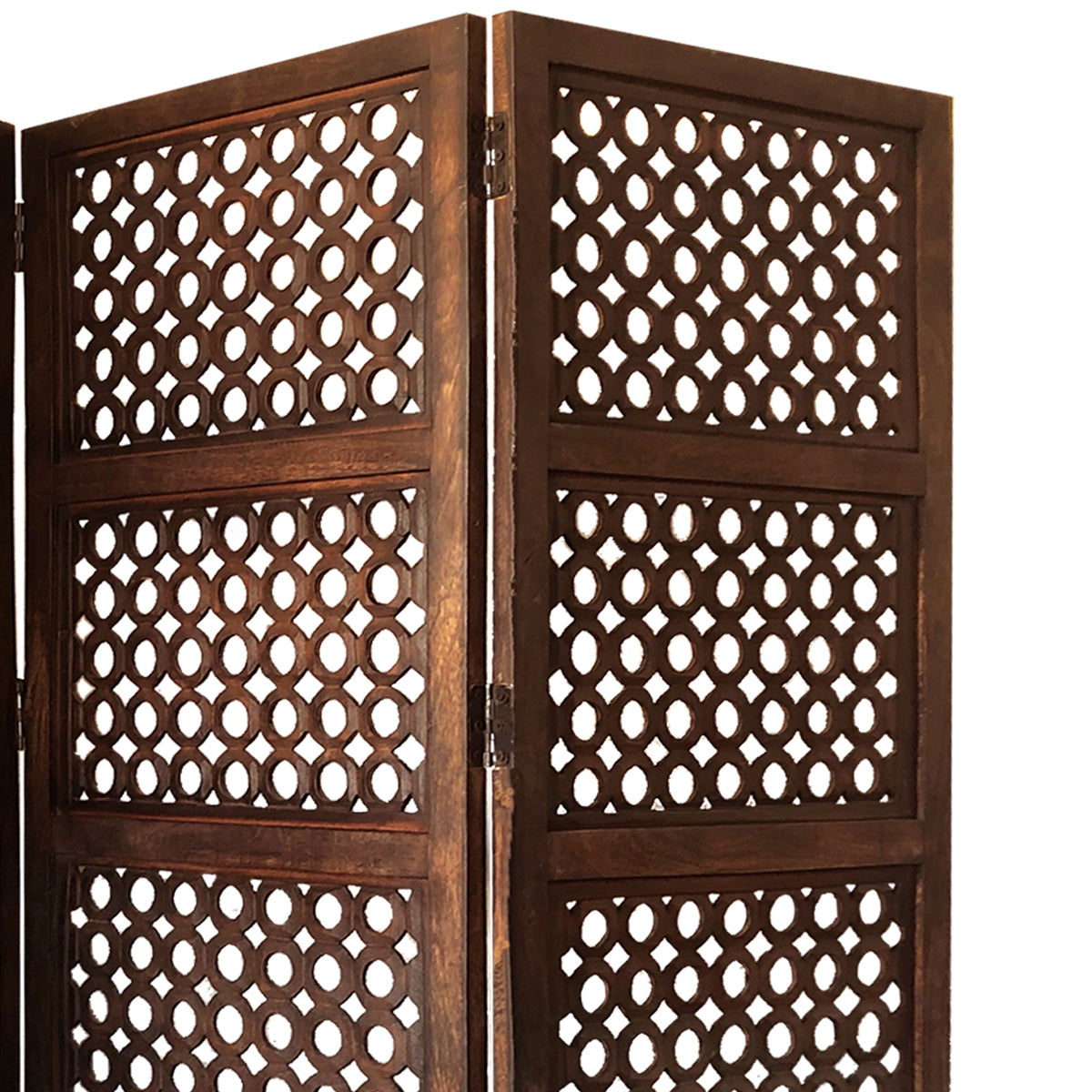 Decorative Four Panel Mango Wood Hinged Room Divider with Circular Cutout Design, Brown - BM01876