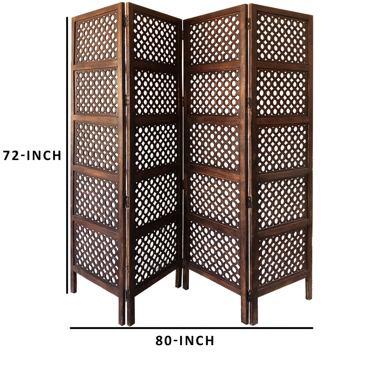 Decorative Four Panel Mango Wood Hinged Room Divider with Circular Cutout Design, Brown - BM01876