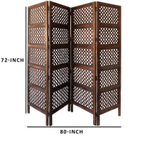 Decorative Four Panel Mango Wood Hinged Room Divider with Circular Cutout Design, Brown - BM01876