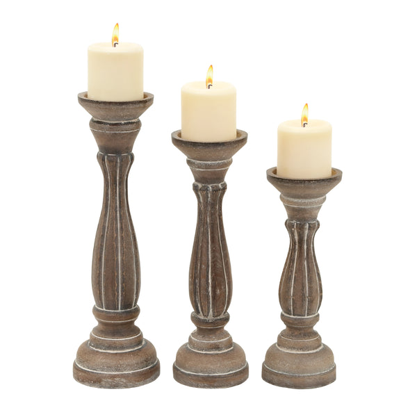 Taki Handmade Wooden Candle Holder with Pillar Base Support, Distressed Brown, Set of 3 - BM08014