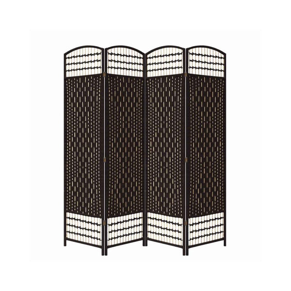 67 Inch 4 Panel Room Divider Screen, Wood, Paper Straw, Arched Top, Espresso Brown - BM101163