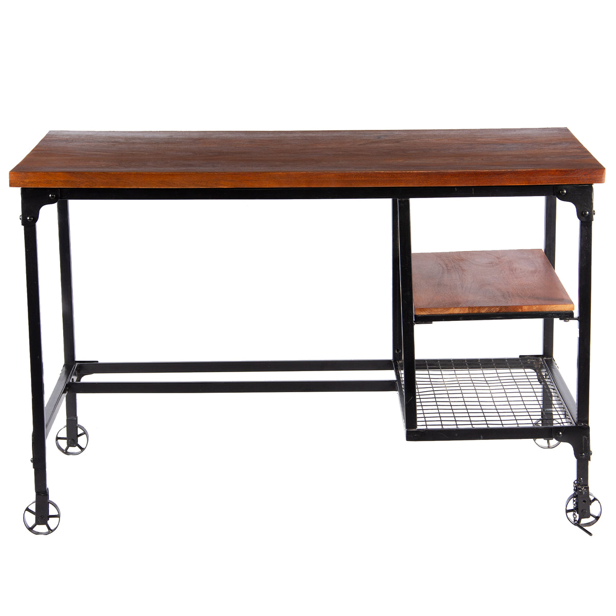 Industrial Style Wooden Desk With Two Bottom Shelves, Brown And Black - BM123677