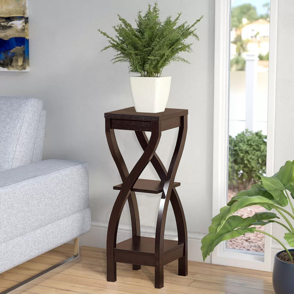 Square Top Wooden Plant Stand with Curved Legs and Shelves, Large, Dark Brown - BM148788