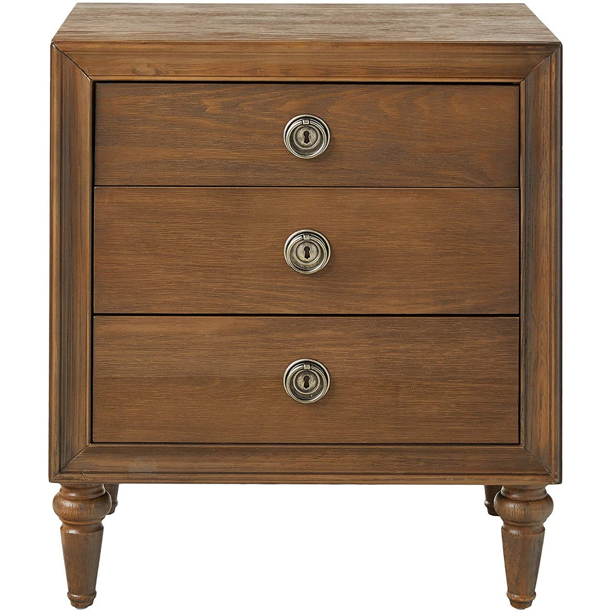 3 Drawer Wooden Nightstand with Turned Tapered Legs, Brown - BM154528