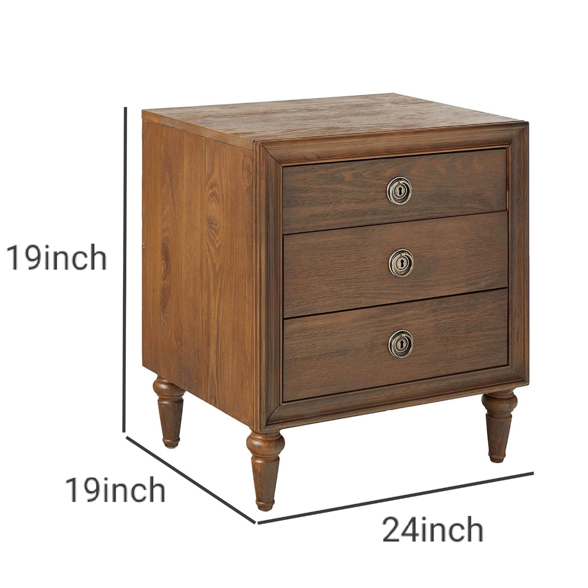 3 Drawer Wooden Nightstand with Turned Tapered Legs, Brown - BM154528