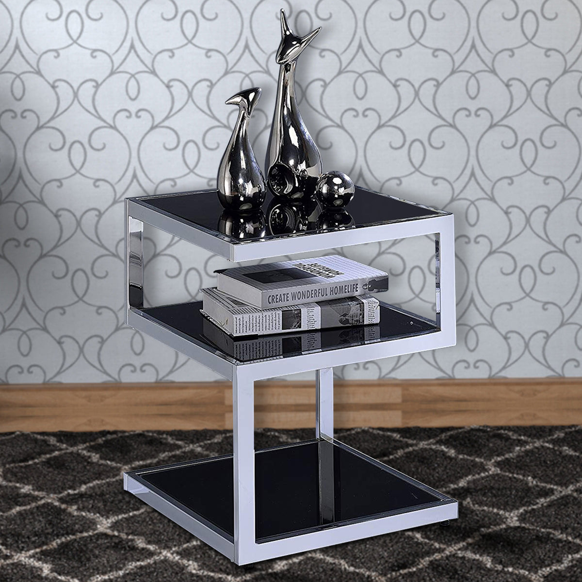 End Table, Black Glass & Chrome - BM154558