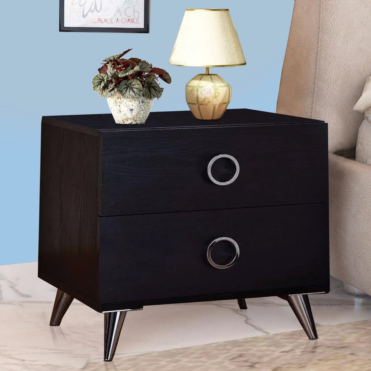 BM154631 Contemporary Style Wood & Metal Nightstand, Black & Chrome