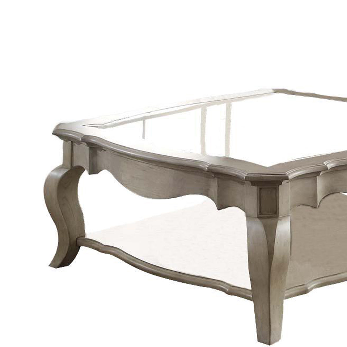 18 Inch Glass Top Wooden Coffee Table, Antique Taupe - BM156824