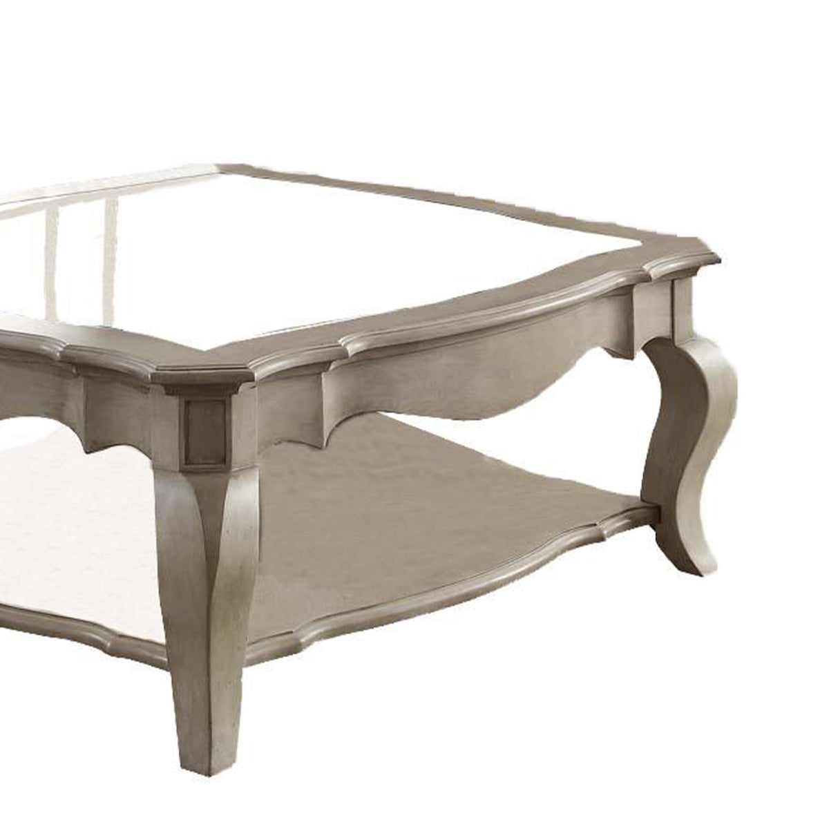 18 Inch Glass Top Wooden Coffee Table, Antique Taupe - BM156824