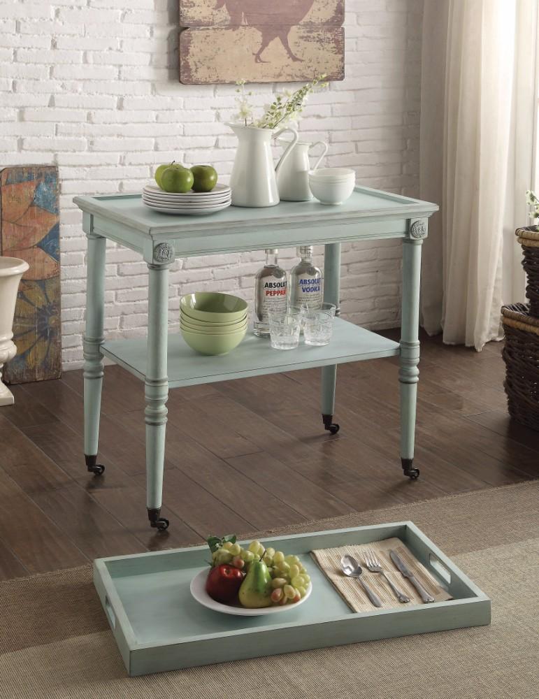 32 Inch 2 Tier Wooden Tray Table with Casters, Antique Gray - BM157308