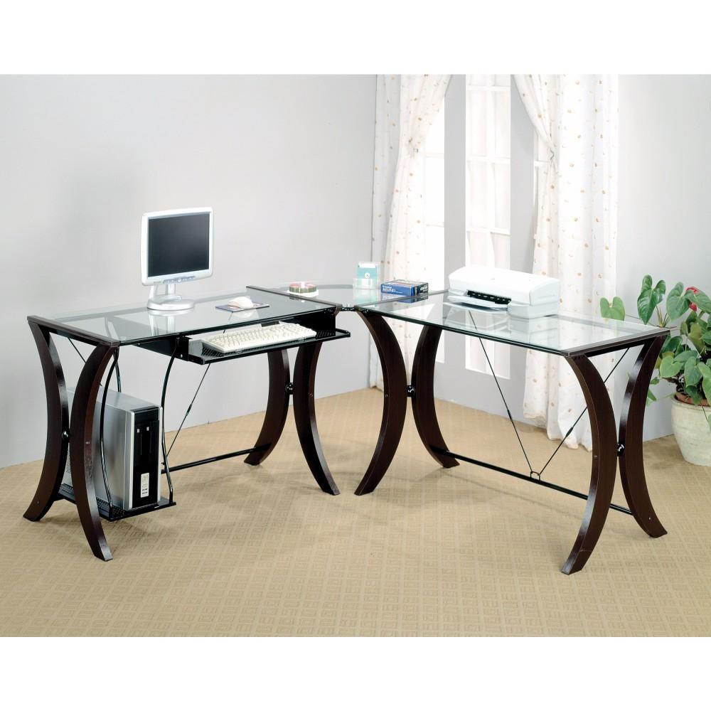 BM159063 Sophisticated 3 Piece Desk Set With Glass Top, Clear And Brown
