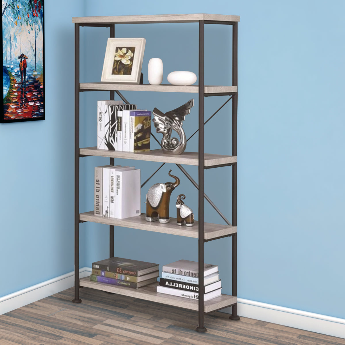 Sophisticated Wood and Metal Open Bookcase, Gray - BM159171