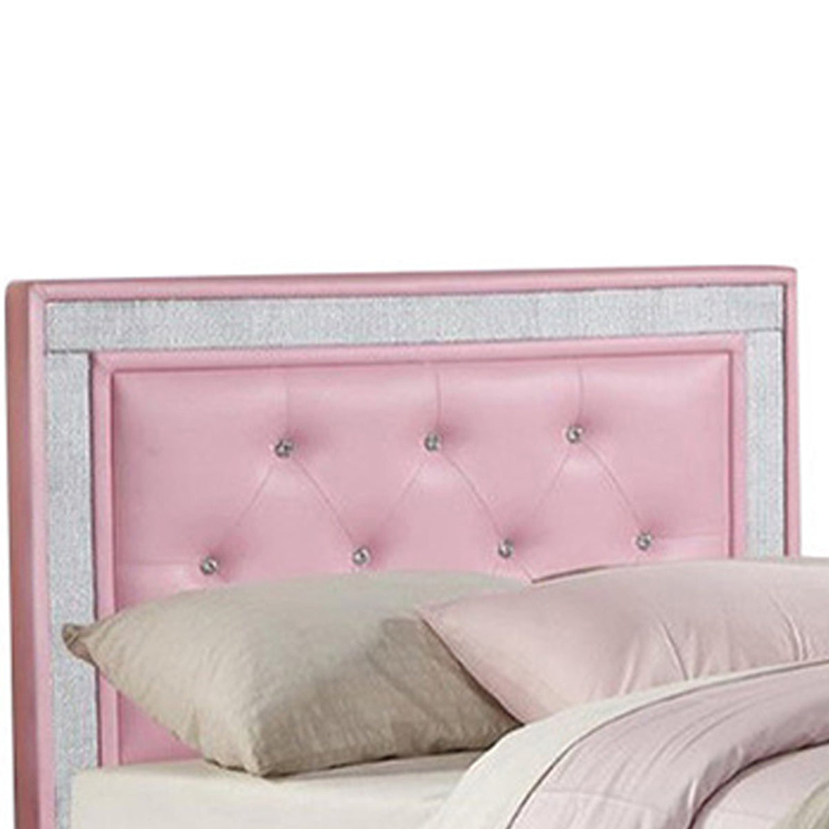 Silky And Sheeny Wooden Full Bed With Pink PU Tufted Head Board, Pink Finish - BM168652