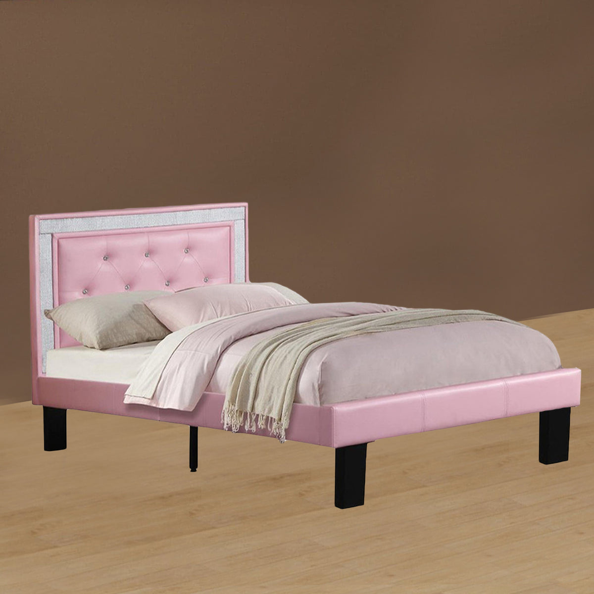 Silky And Sheeny Wooden Full Bed With Pink PU Tufted Head Board, Pink Finish - BM168652