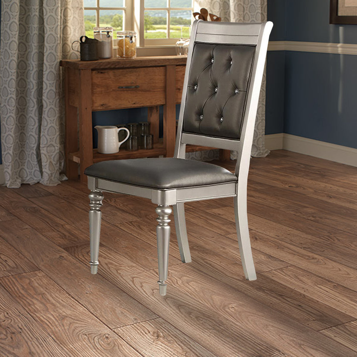 Rubber Wood Dining Chair With Diamond Tufted Back, Set Of 2,Gray - BM171541