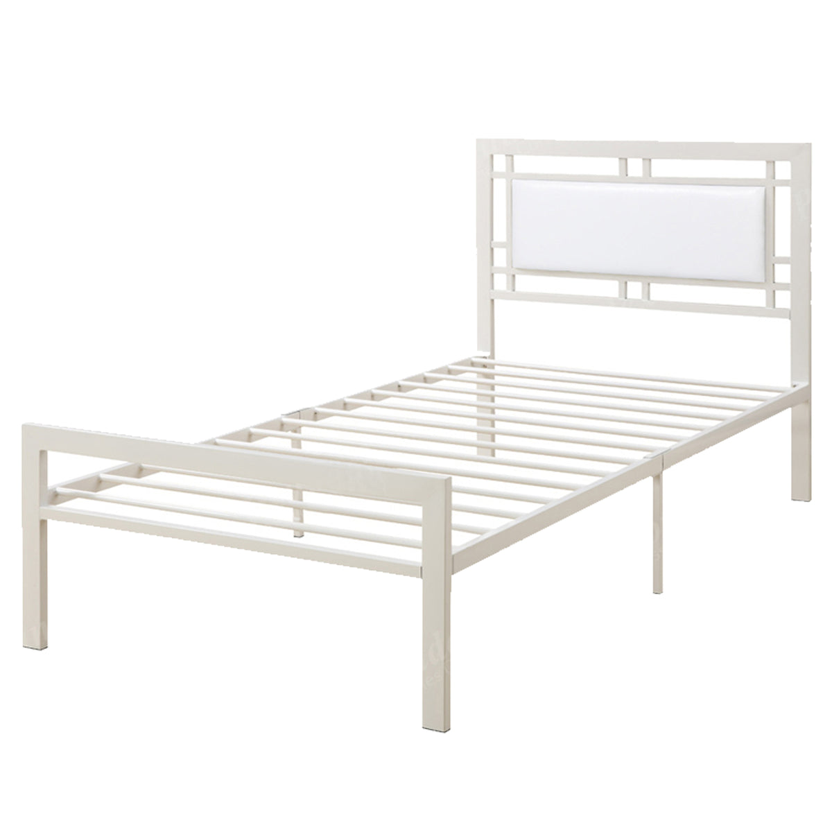 BM171745 Metal Frame Twin Bed With Leather Upholstered Headboard, White