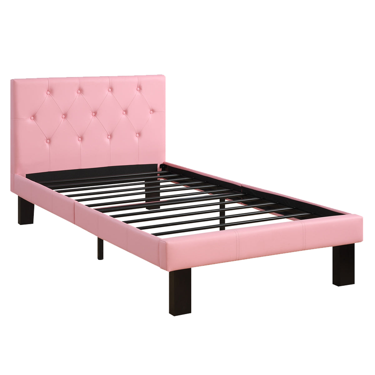 Faux Leather Upholstered Twin size Bed With tufted Headboard, Pink - BM171751