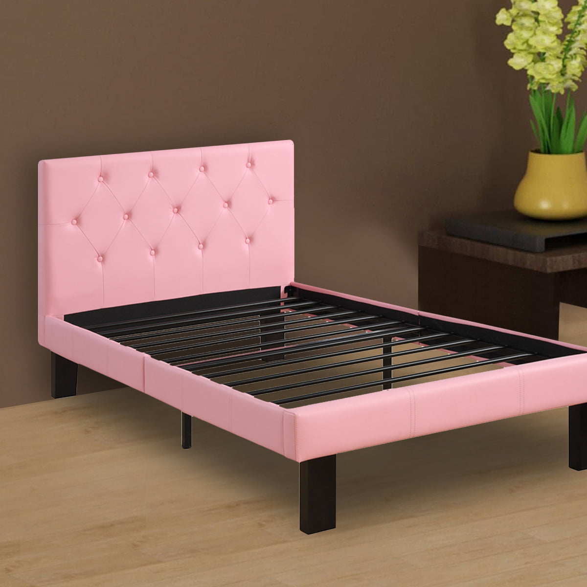 Faux Leather Upholstered Twin size Bed With tufted Headboard, Pink - BM171751