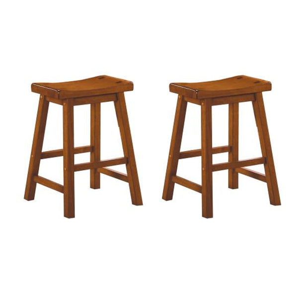 BM175972 Wooden 24" Counter Height Stool with Saddle Seat, Oak Brown, Set Of 2