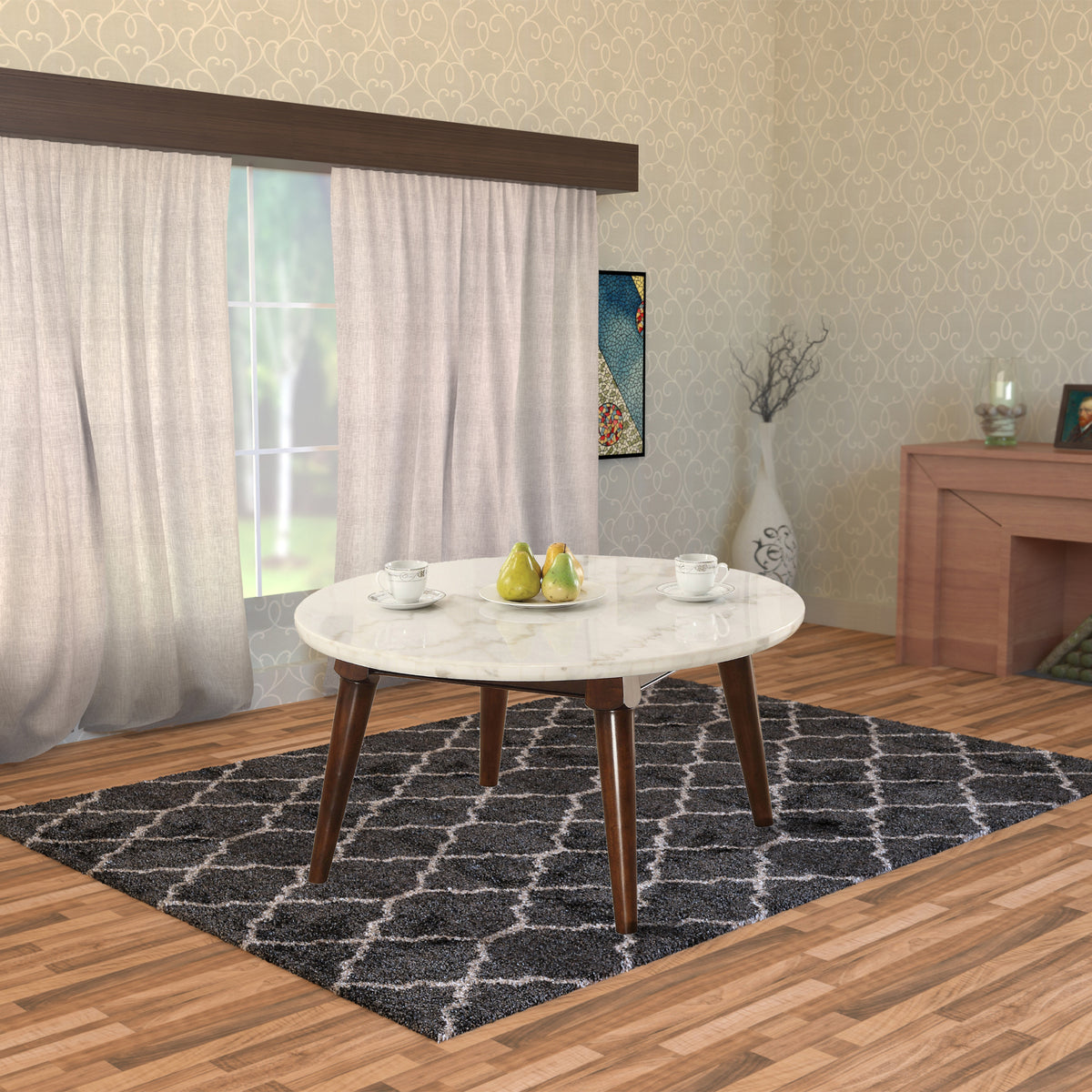 Wood Base Coffee Table with Marble Top, Walnut Brown  - BM177672