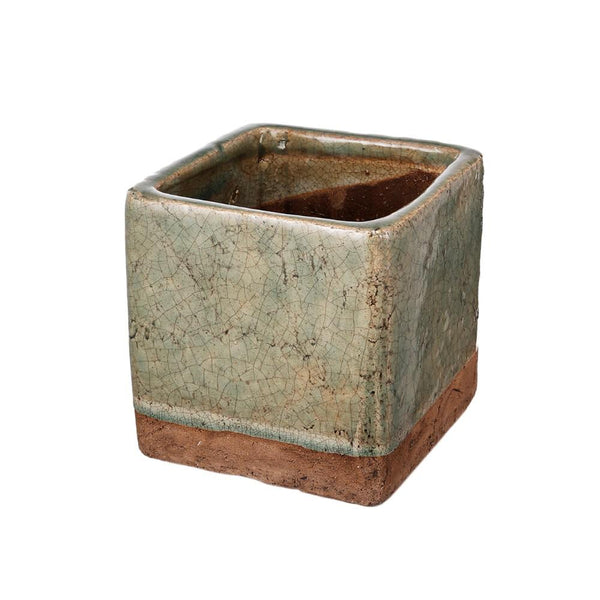 Square Shaped Ceramic Planter With Fine Texture, Small, Slate Gray and Brown