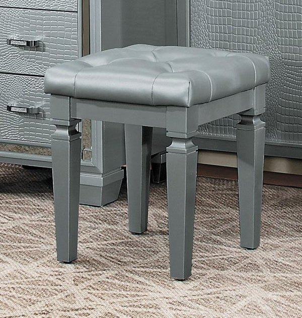 Wooden Vanity Stool With Faux Leather Tufted Seat, Gray