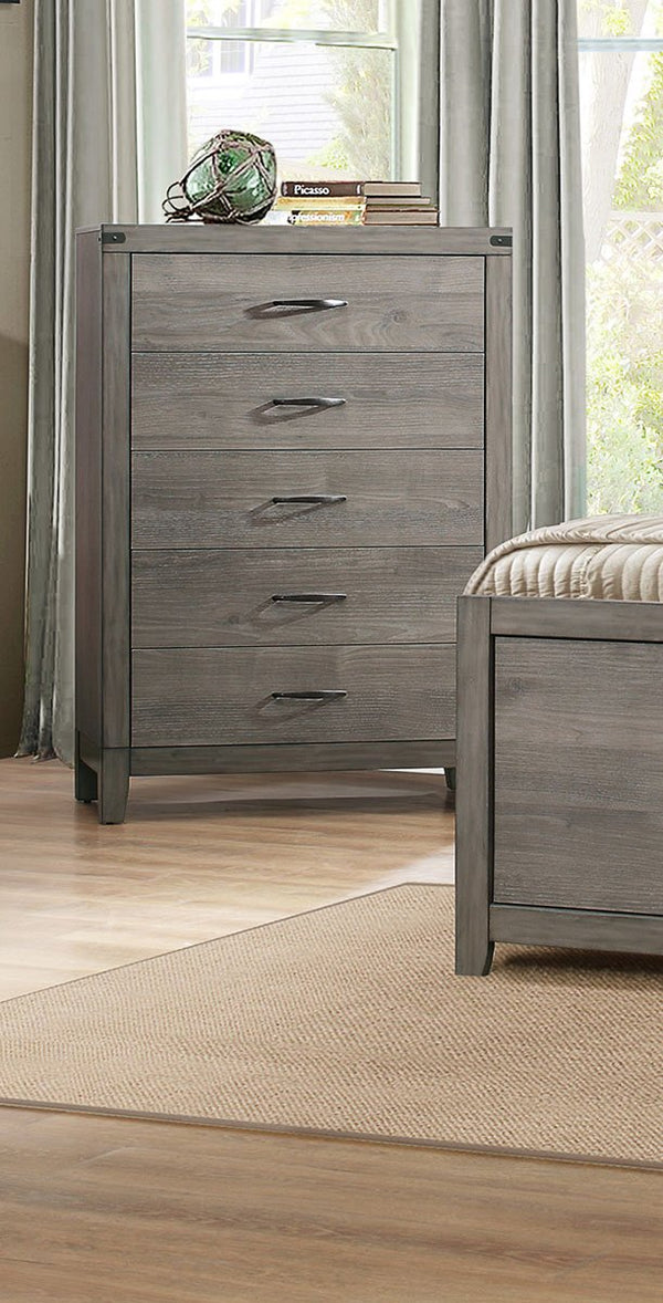 Roomy 5 Drawer Wooden Chest With Metal Handles, Weathered Gray