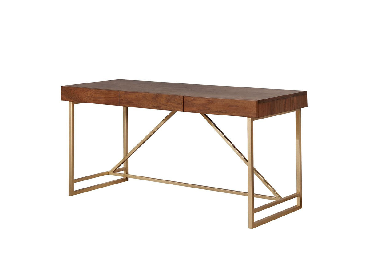 Modern Style Wooden Writing Desk with Unique Metal Legs, Walnut Brown and Gold