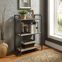 Three Tier Metal Bookshelf With Wooden Shelves, Oak Brown & Gray - BM184752