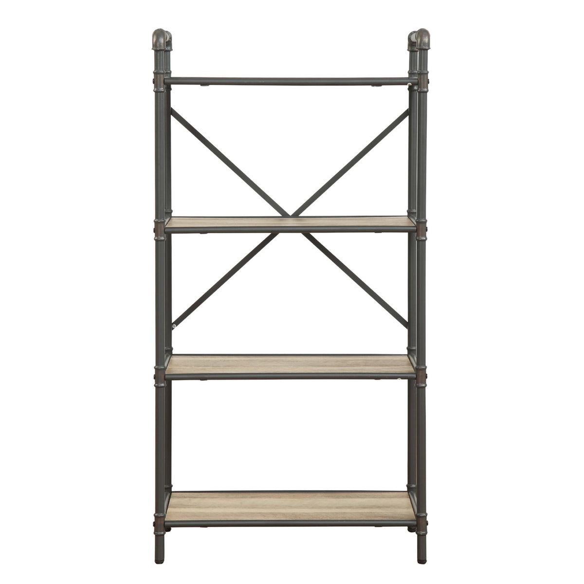 Three-Tier Metal Bookshelf With Wooden Shelves, Oak Brown & Gray