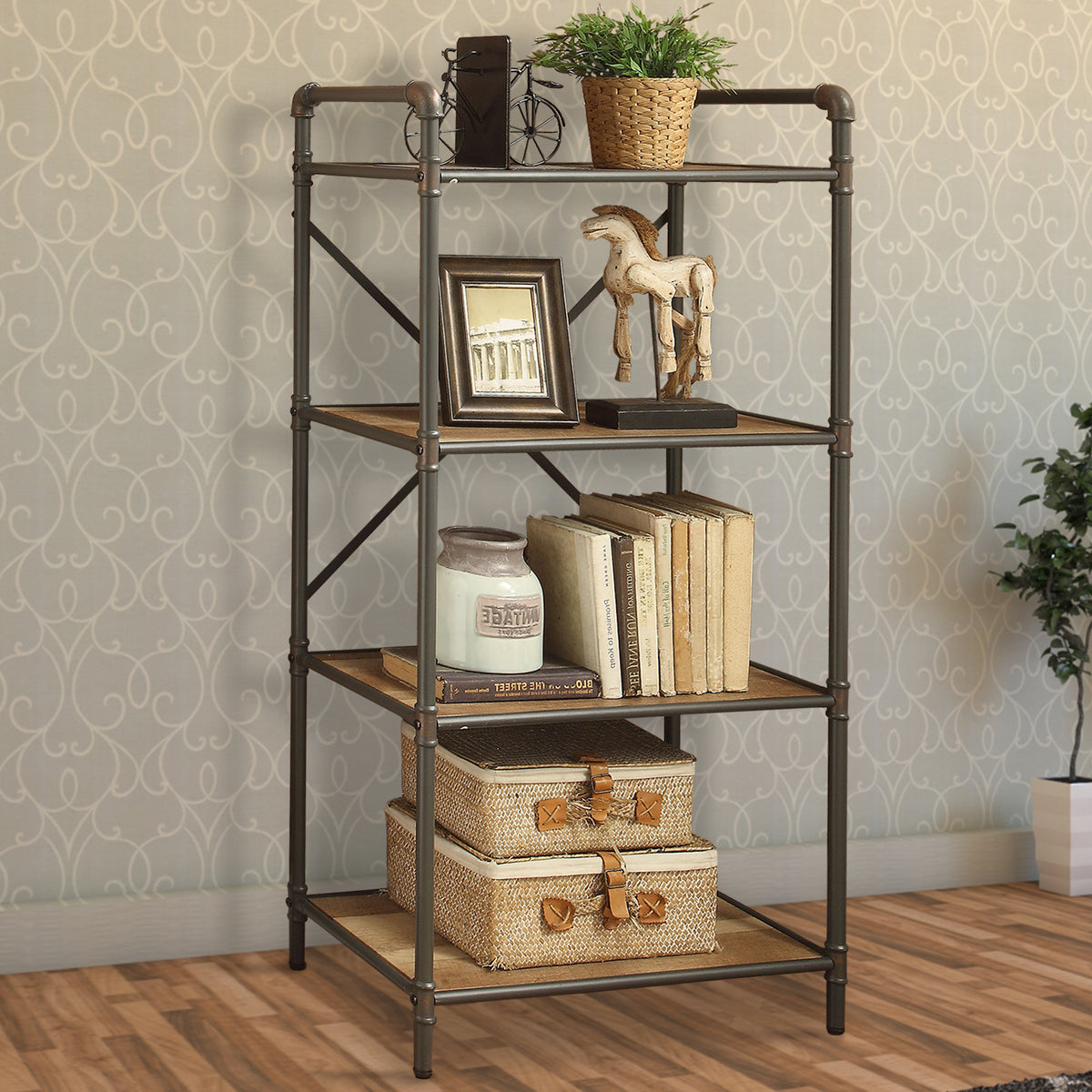 Three-Tier Metal Bookshelf With Wooden Shelves, Oak Brown & Gray