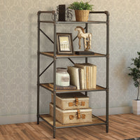 Three-Tier Metal Bookshelf With Wooden Shelves, Oak Brown & Gray