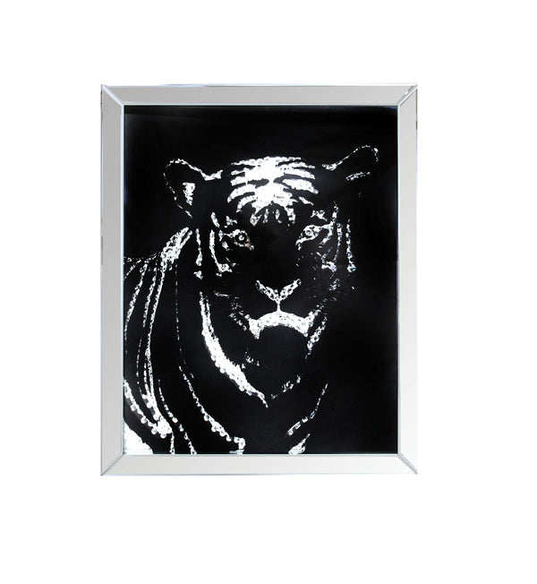 Rectangular Mirror framed Tiger Wall Decor With Crystal Inlays, Black & Silver - BM184759